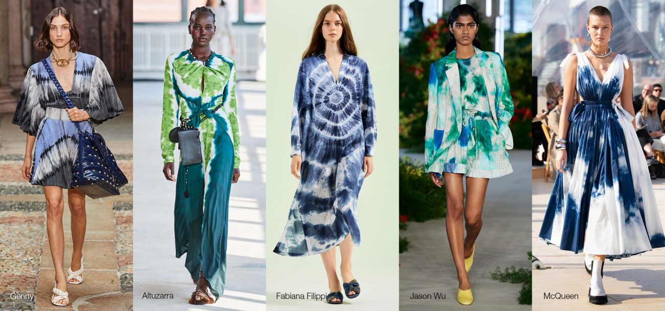 Models walking the runway in tie-and-dye